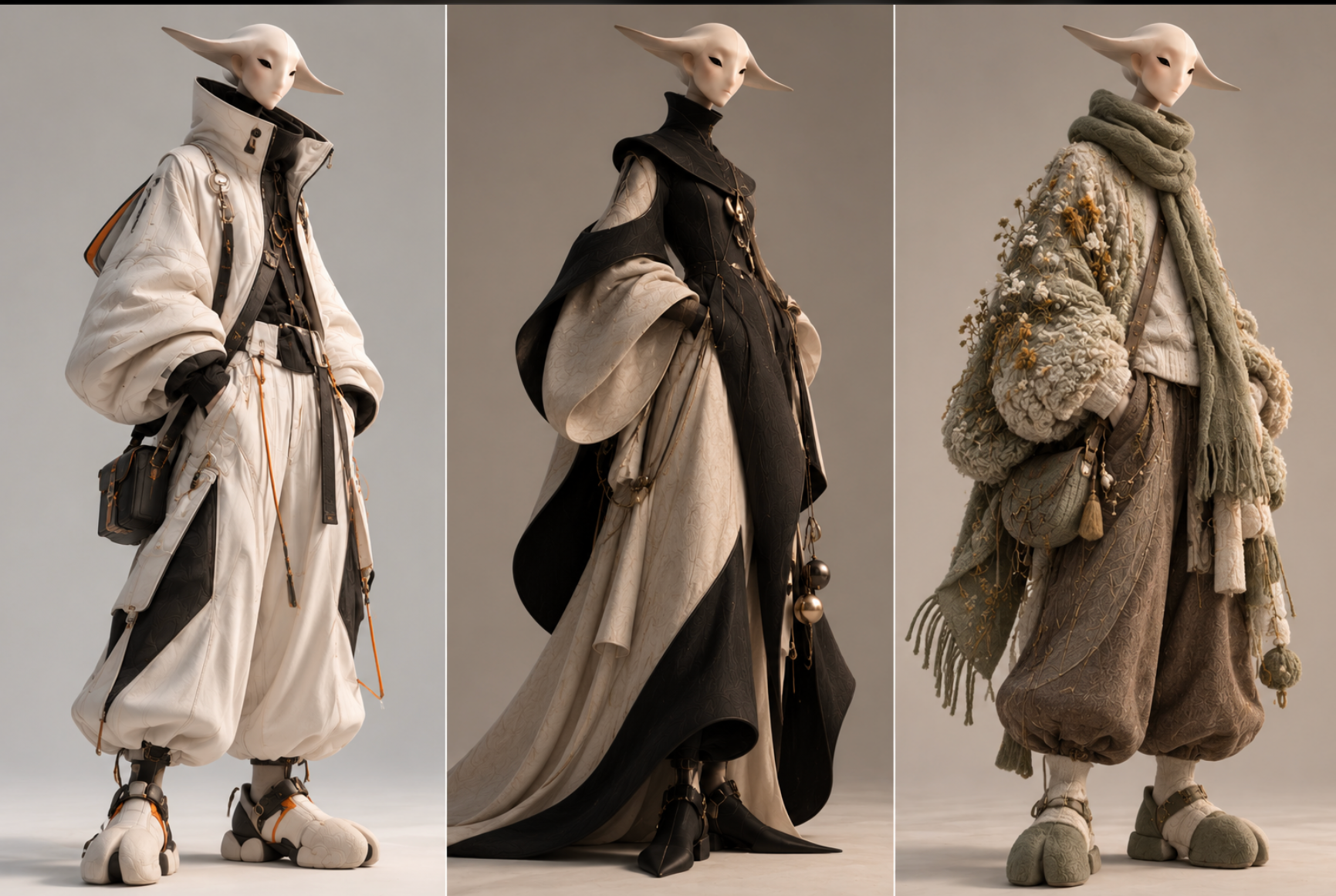 Miren Oldclay in three different outfits